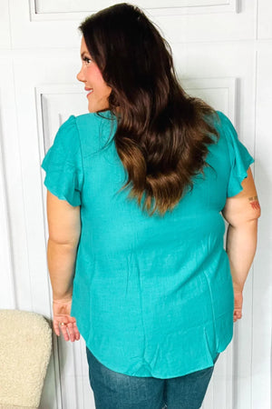Eyes On You Teal Scalloped V Neck Tulip Sleeve Top - Coeur de la Mode