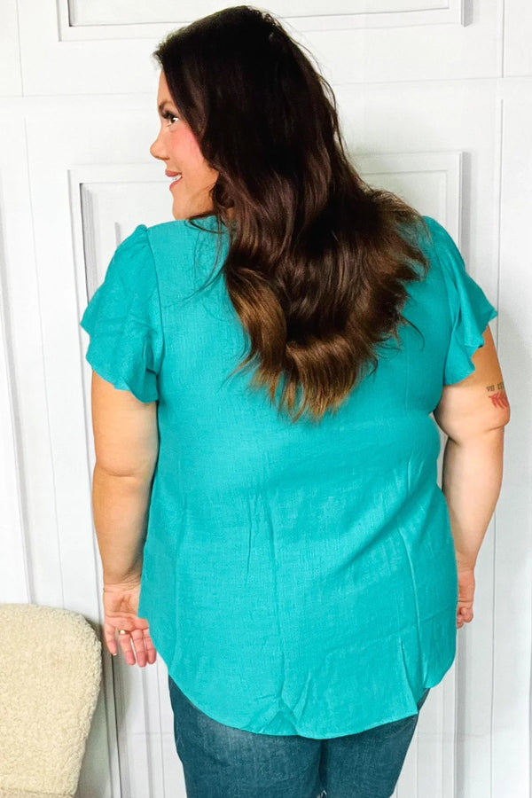 Eyes On You Teal Scalloped V Neck Tulip Sleeve Top - Coeur de la Mode
