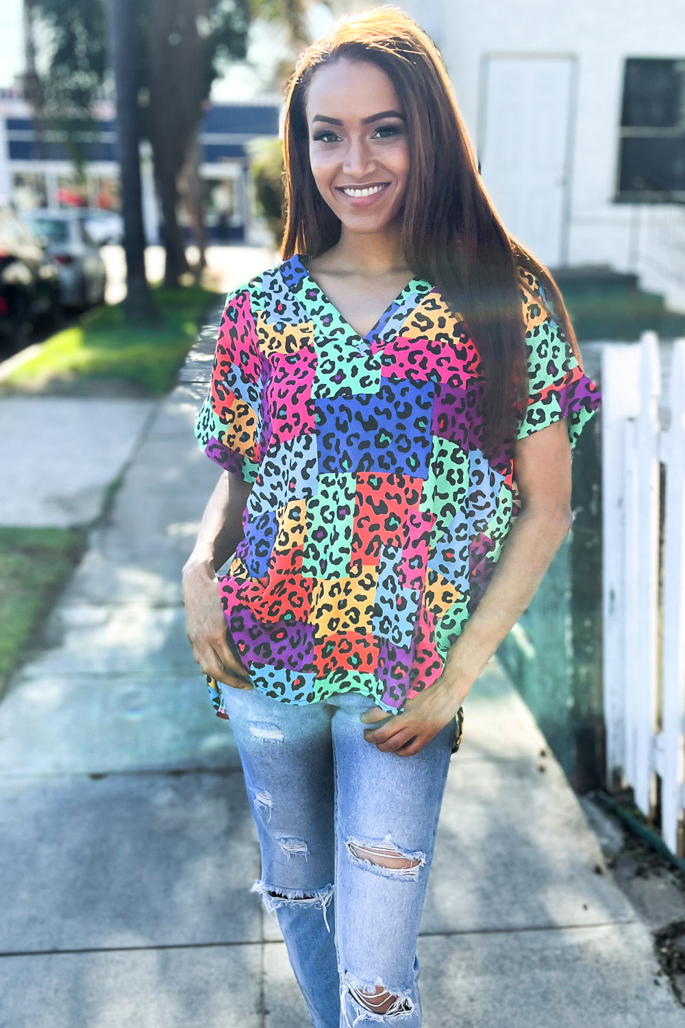 Dazzle in Multicolor Animal Patchwork V Neck Dolman Cap Sleeve Top - Coeur de la Mode