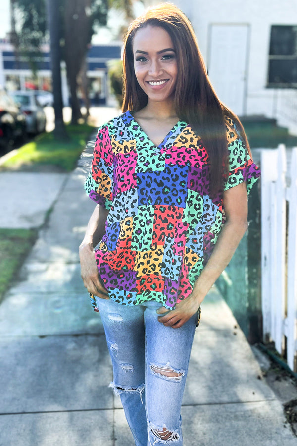 Dazzle in Multicolor Animal Patchwork V Neck Dolman Cap Sleeve Top - Coeur de la Mode