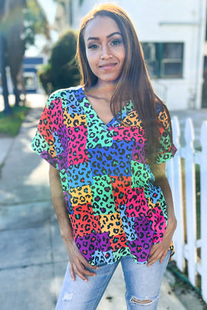 Dazzle in Multicolor Animal Patchwork V Neck Dolman Cap Sleeve Top - Coeur de la Mode
