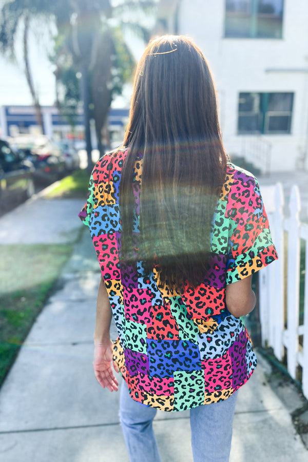 Dazzle in Multicolor Animal Patchwork V Neck Dolman Cap Sleeve Top - Coeur de la Mode