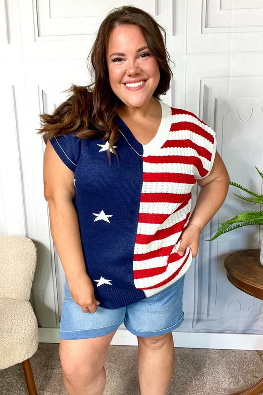 Stars & Stripes Americana V Neck Dolman Sweater Top