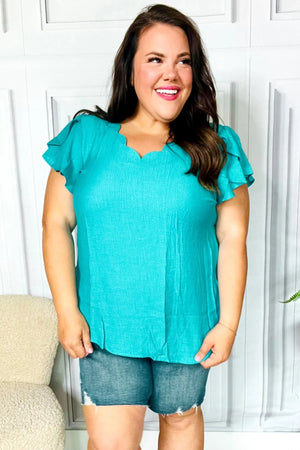 Eyes On You Teal Scalloped V Neck Tulip Sleeve Top - Coeur de la Mode