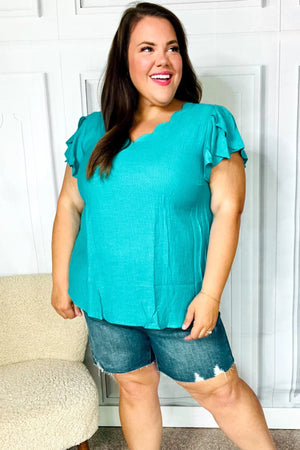 Eyes On You Teal Scalloped V Neck Tulip Sleeve Top - Coeur de la Mode