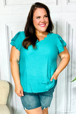 Eyes On You Teal Scalloped V Neck Tulip Sleeve Top - Coeur de la Mode