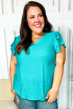 Eyes On You Teal Scalloped V Neck Tulip Sleeve Top - Coeur de la Mode