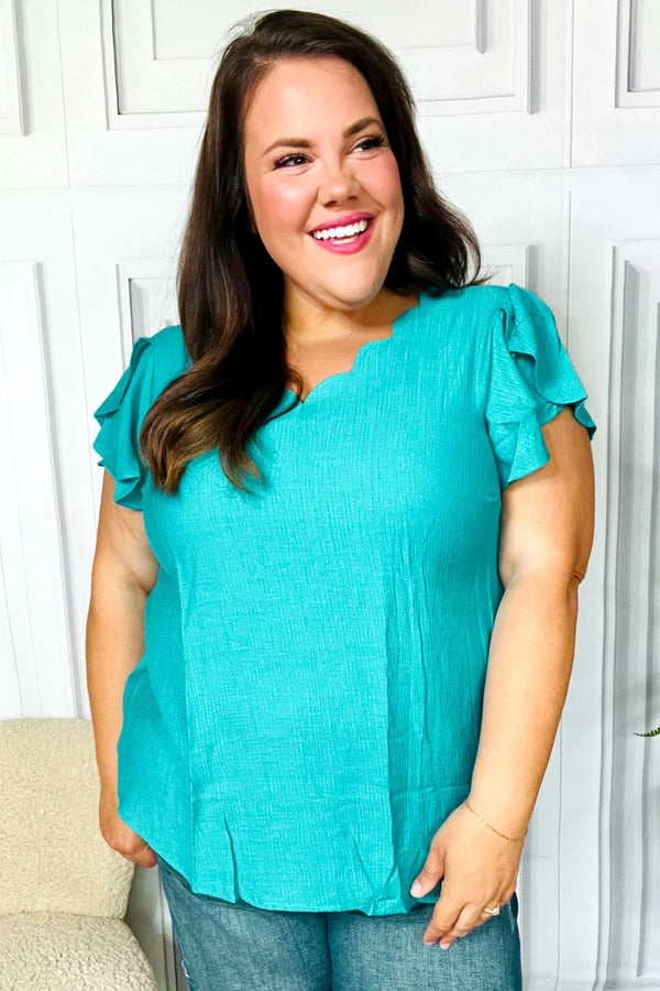 Eyes On You Teal Scalloped V Neck Tulip Sleeve Top - Coeur de la Mode