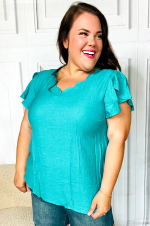 Eyes On You Teal Scalloped V Neck Tulip Sleeve Top - Coeur de la Mode