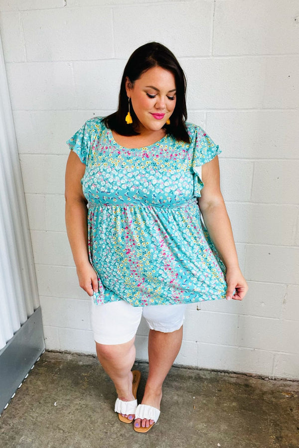 Turquoise Floral Stripe Babydoll Top - Coeur de la Mode