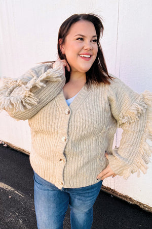 Weekend Ready Oatmeal V Neck Fringe Chunky Cable Cardigan - Coeur de la Mode