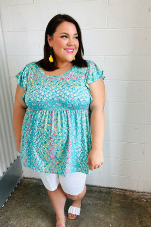 Turquoise Floral Stripe Babydoll Top - Coeur de la Mode