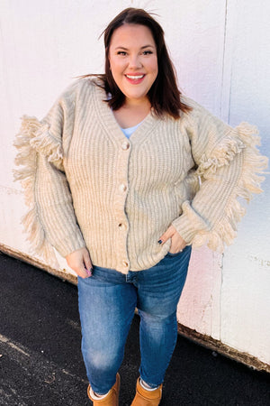 Weekend Ready Oatmeal V Neck Fringe Chunky Cable Cardigan - Coeur de la Mode