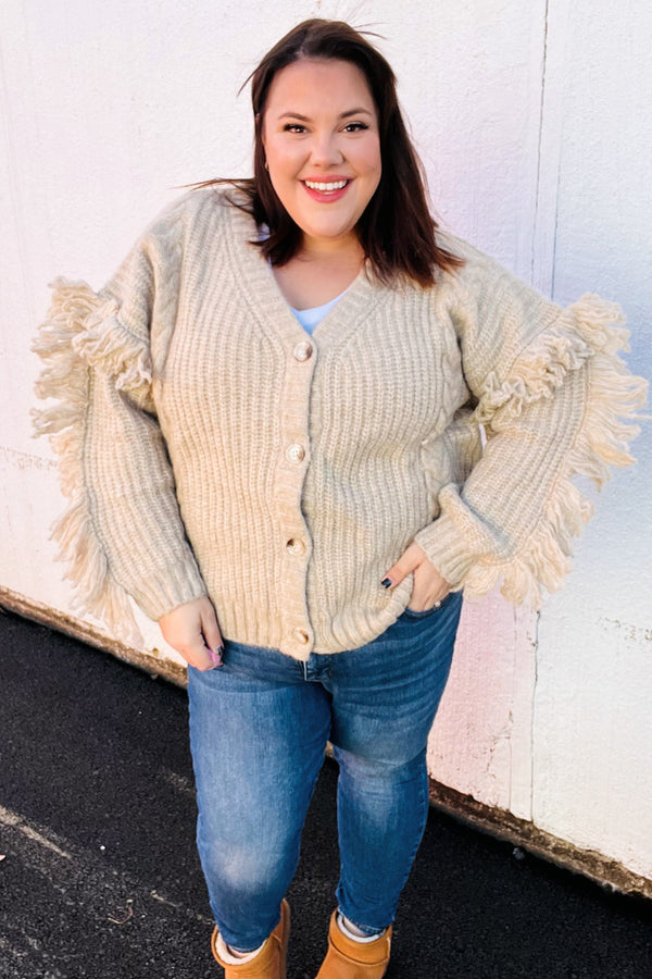 Weekend Ready Oatmeal V Neck Fringe Chunky Cable Cardigan - Coeur de la Mode