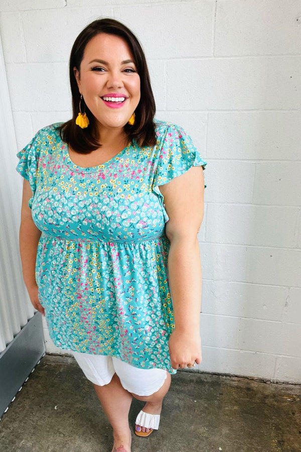 Turquoise Floral Stripe Babydoll Top - Coeur de la Mode