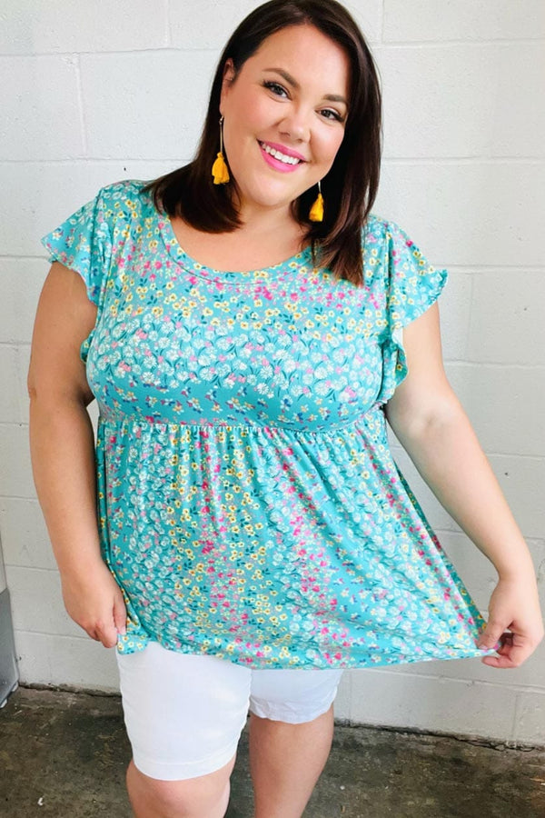 Turquoise Floral Stripe Babydoll Top - Coeur de la Mode