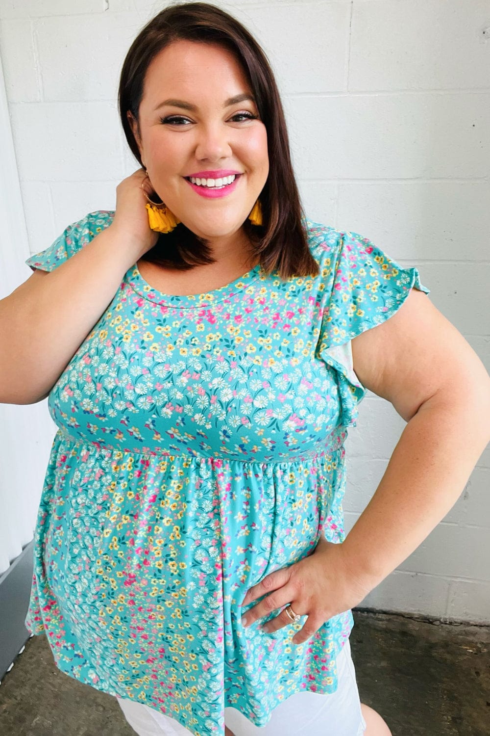 Turquoise Floral Stripe Babydoll Top - Coeur de la Mode