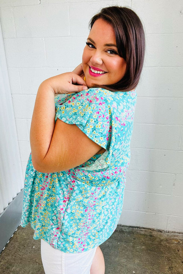 Turquoise Floral Stripe Babydoll Top - Coeur de la Mode