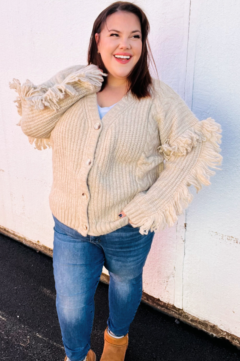 Weekend Ready Oatmeal V Neck Fringe Chunky Cable Cardigan - Coeur de la Mode