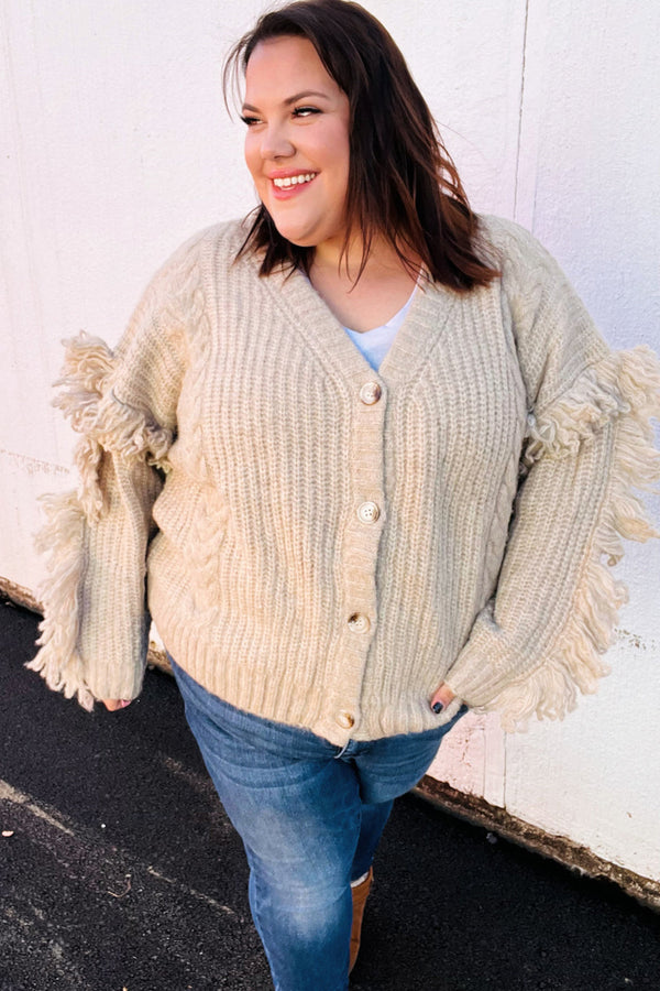 Weekend Ready Oatmeal V Neck Fringe Chunky Cable Cardigan - Coeur de la Mode