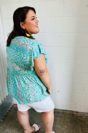 Turquoise Floral Stripe Babydoll Top - Coeur de la Mode