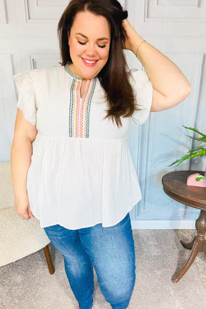 Weekend Ready Taupe Embroidered Notched Neck Babydoll Top - Coeur de la Mode