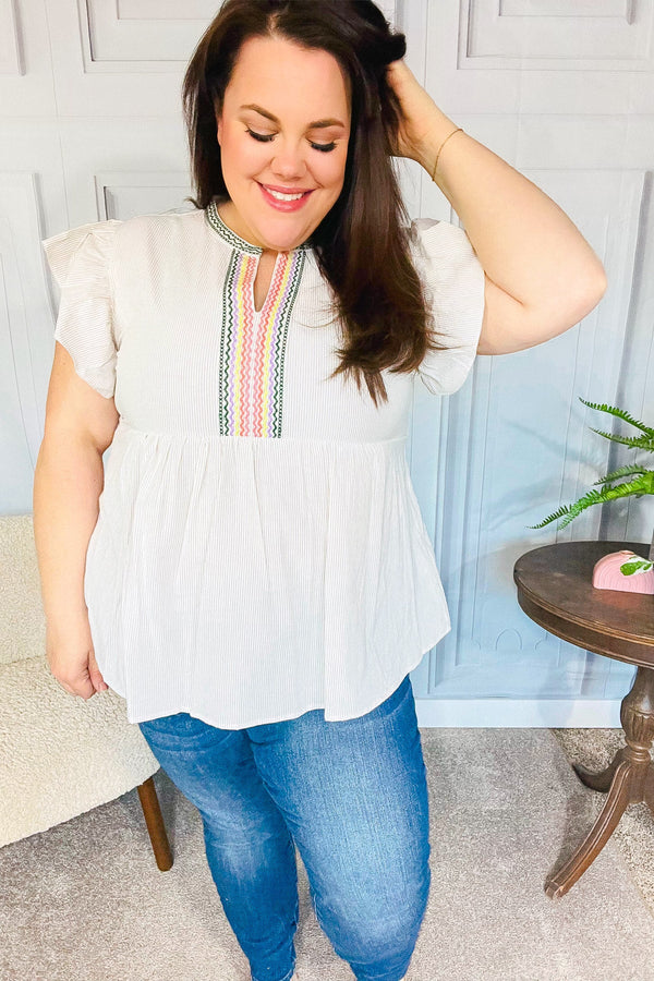Weekend Ready Taupe Embroidered Notched Neck Babydoll Top - Coeur de la Mode