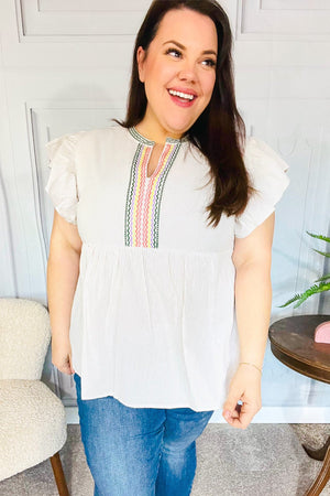 Weekend Ready Taupe Embroidered Notched Neck Babydoll Top - Coeur de la Mode
