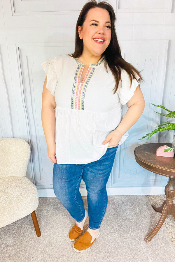 Weekend Ready Taupe Embroidered Notched Neck Babydoll Top - Coeur de la Mode