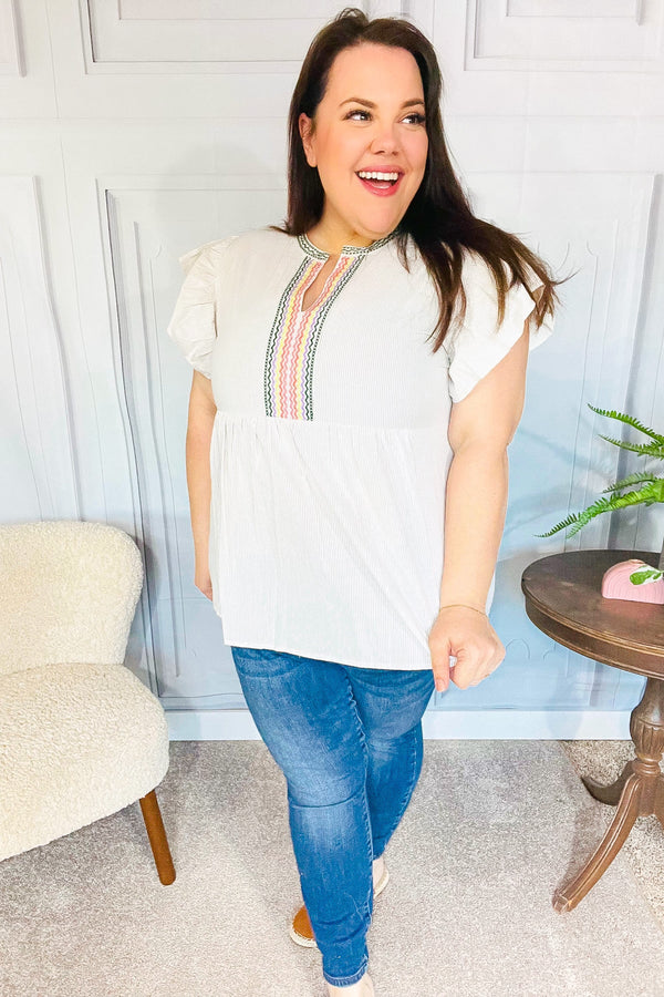 Weekend Ready Taupe Embroidered Notched Neck Babydoll Top - Coeur de la Mode