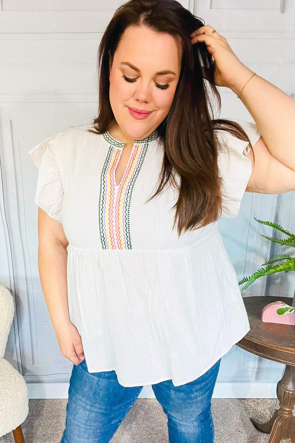 Weekend Ready Taupe Embroidered Notched Neck Babydoll Top - Coeur de la Mode