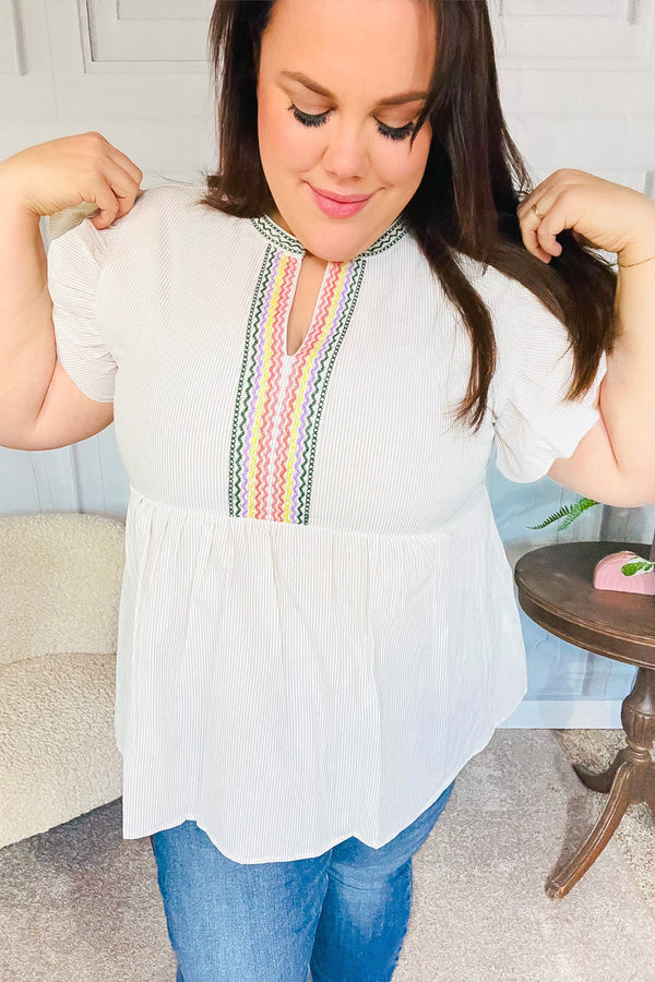 Weekend Ready Taupe Embroidered Notched Neck Babydoll Top - Coeur de la Mode