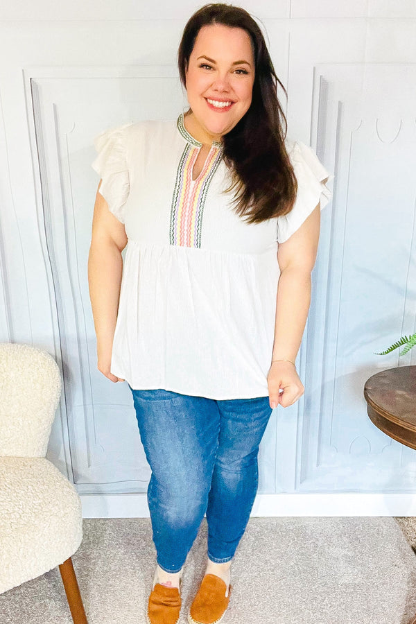 Weekend Ready Taupe Embroidered Notched Neck Babydoll Top - Coeur de la Mode