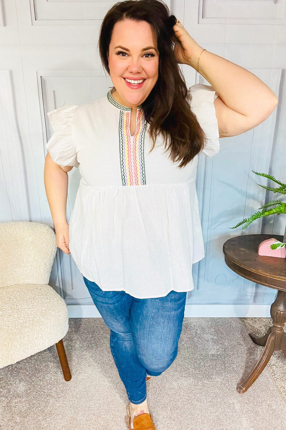 Weekend Ready Taupe Embroidered Notched Neck Babydoll Top - Coeur de la Mode