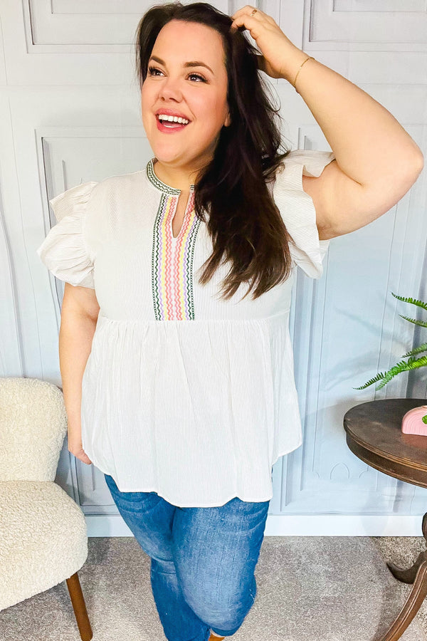 Weekend Ready Taupe Embroidered Notched Neck Babydoll Top - Coeur de la Mode