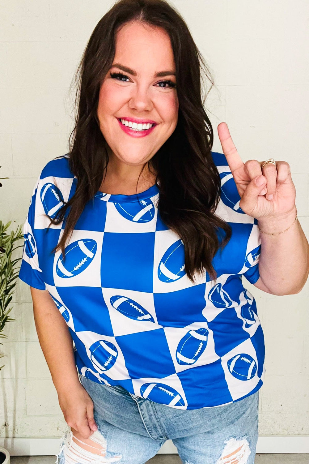 Turn Up The Volume Blue Football Checker Print Top - Coeur de la Mode