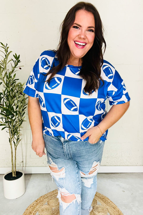 Turn Up The Volume Blue Football Checker Print Top - Coeur de la Mode