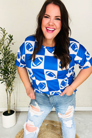 Turn Up The Volume Blue Football Checker Print Top - Coeur de la Mode