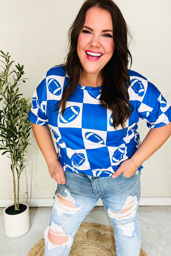 Turn Up The Volume Blue Football Checker Print Top - Coeur de la Mode