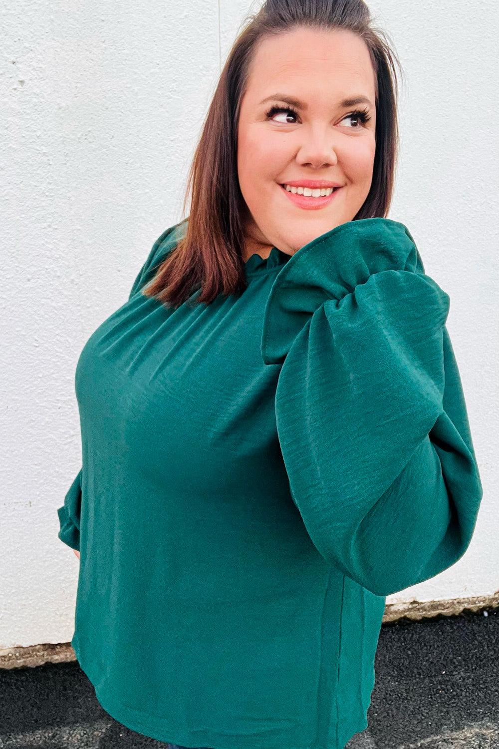 Be Merry Hunter Green Frill Mock Neck Crinkle Top