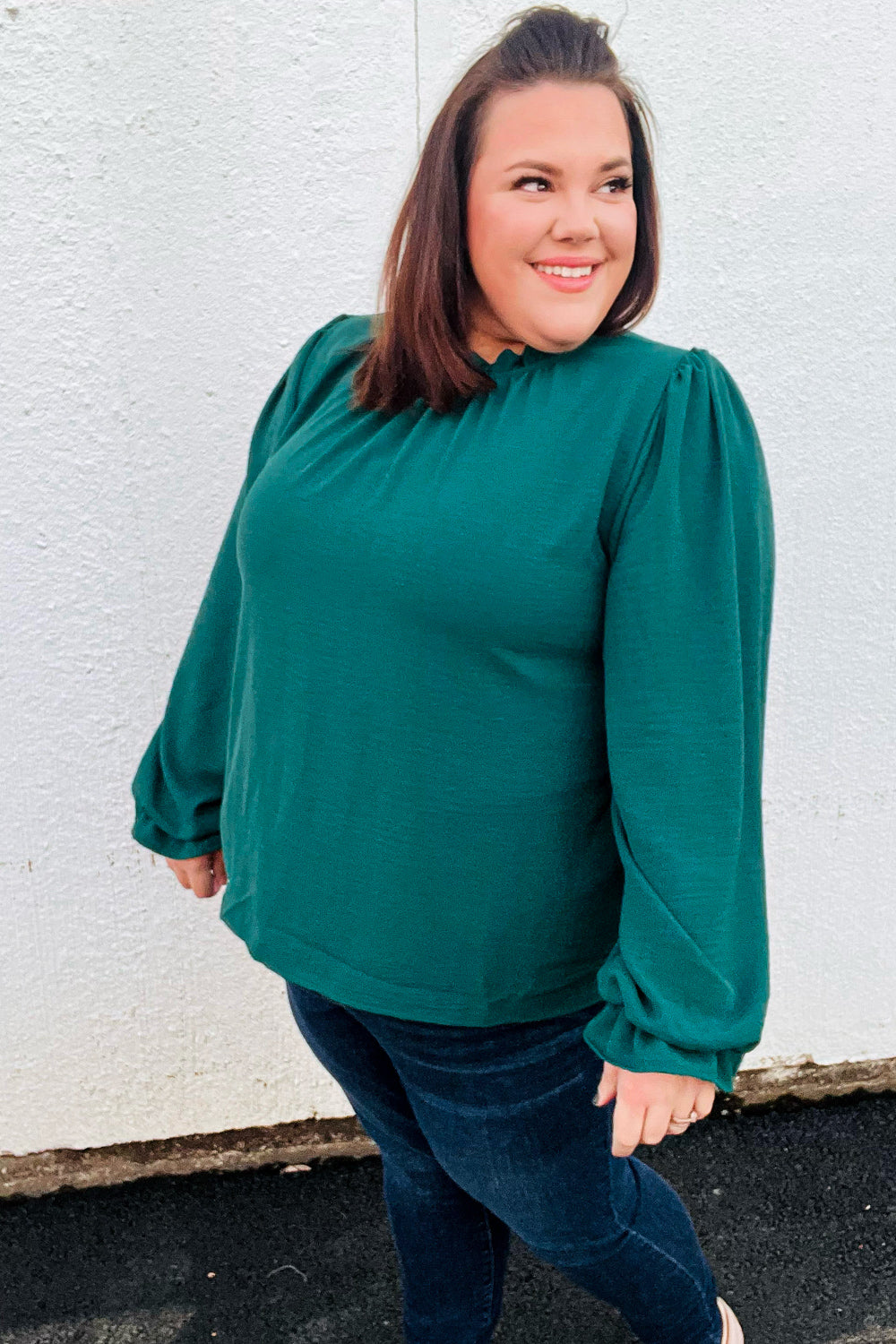 Be Merry Hunter Green Frill Mock Neck Crinkle Top