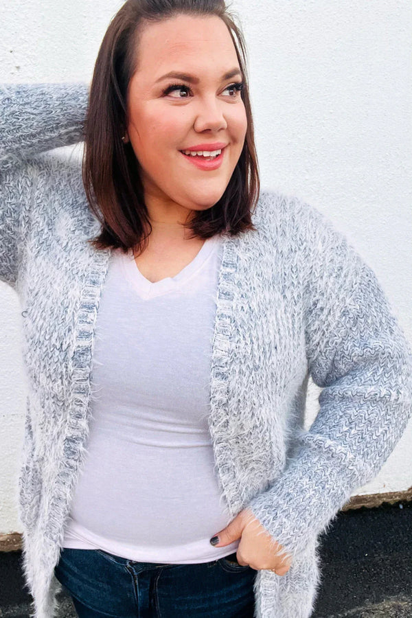 Leading Lady Slate Blue Two Tone Fuzzy Soft Brushed Cardigan - Coeur de la Mode
