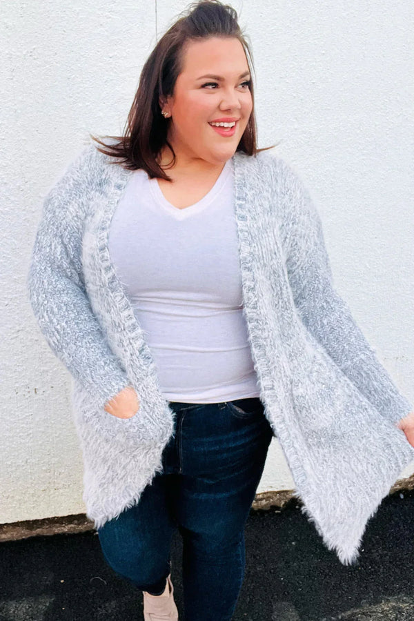 Leading Lady Slate Blue Two Tone Fuzzy Soft Brushed Cardigan - Coeur de la Mode