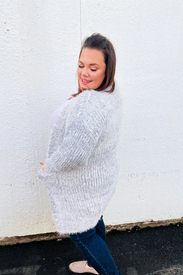 Leading Lady Slate Blue Two Tone Fuzzy Soft Brushed Cardigan - Coeur de la Mode