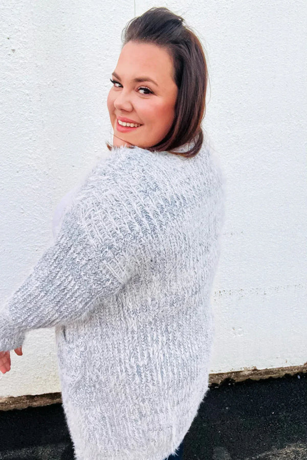 Leading Lady Slate Blue Two Tone Fuzzy Soft Brushed Cardigan - Coeur de la Mode