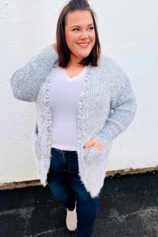Leading Lady Slate Blue Two Tone Fuzzy Soft Brushed Cardigan - Coeur de la Mode