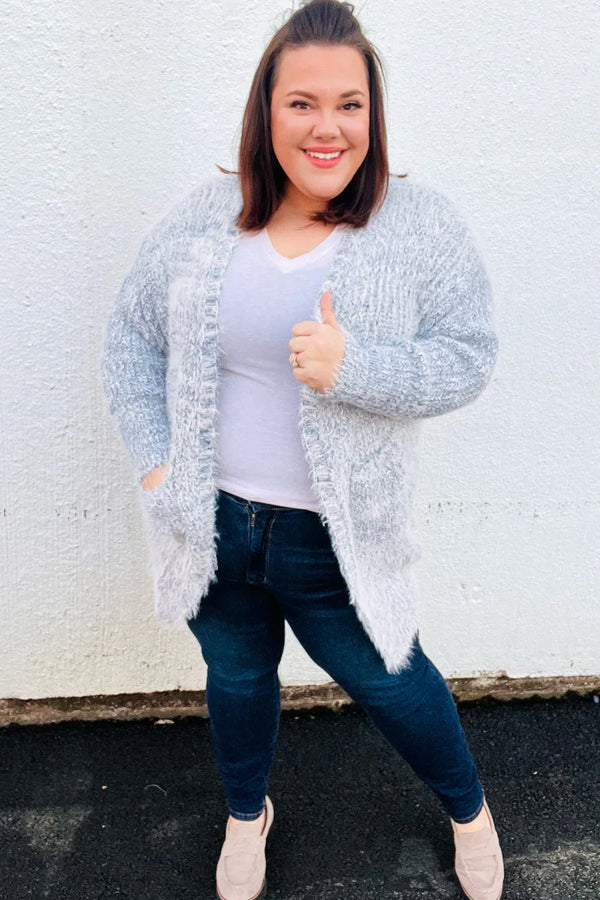 Leading Lady Slate Blue Two Tone Fuzzy Soft Brushed Cardigan - Coeur de la Mode