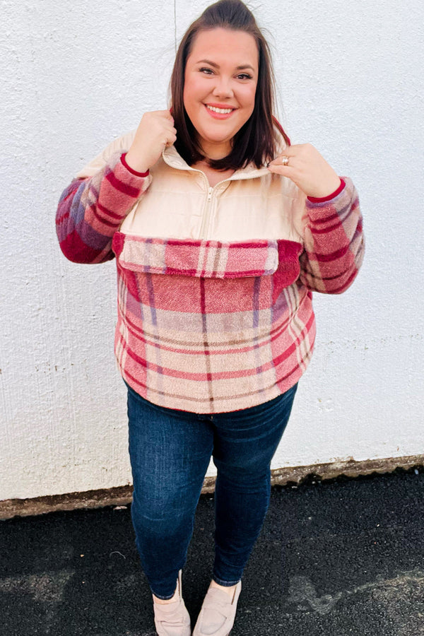 Tried & True Oatmeal & Garnet Plaid Half Zip Puffer Hoodie - Coeur de la Mode