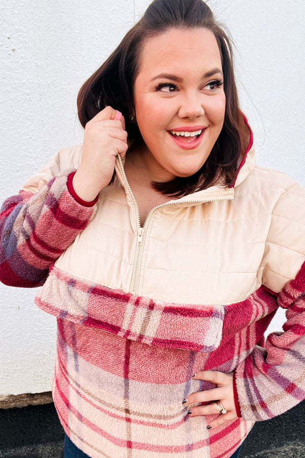 Tried & True Oatmeal & Garnet Plaid Half Zip Puffer Hoodie - Coeur de la Mode