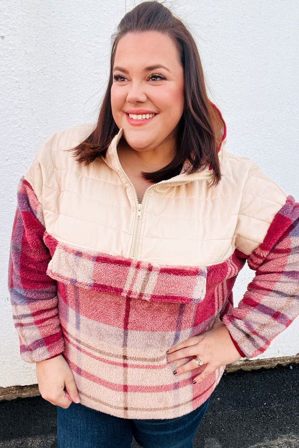 Tried & True Oatmeal & Garnet Plaid Half Zip Puffer Hoodie - Coeur de la Mode